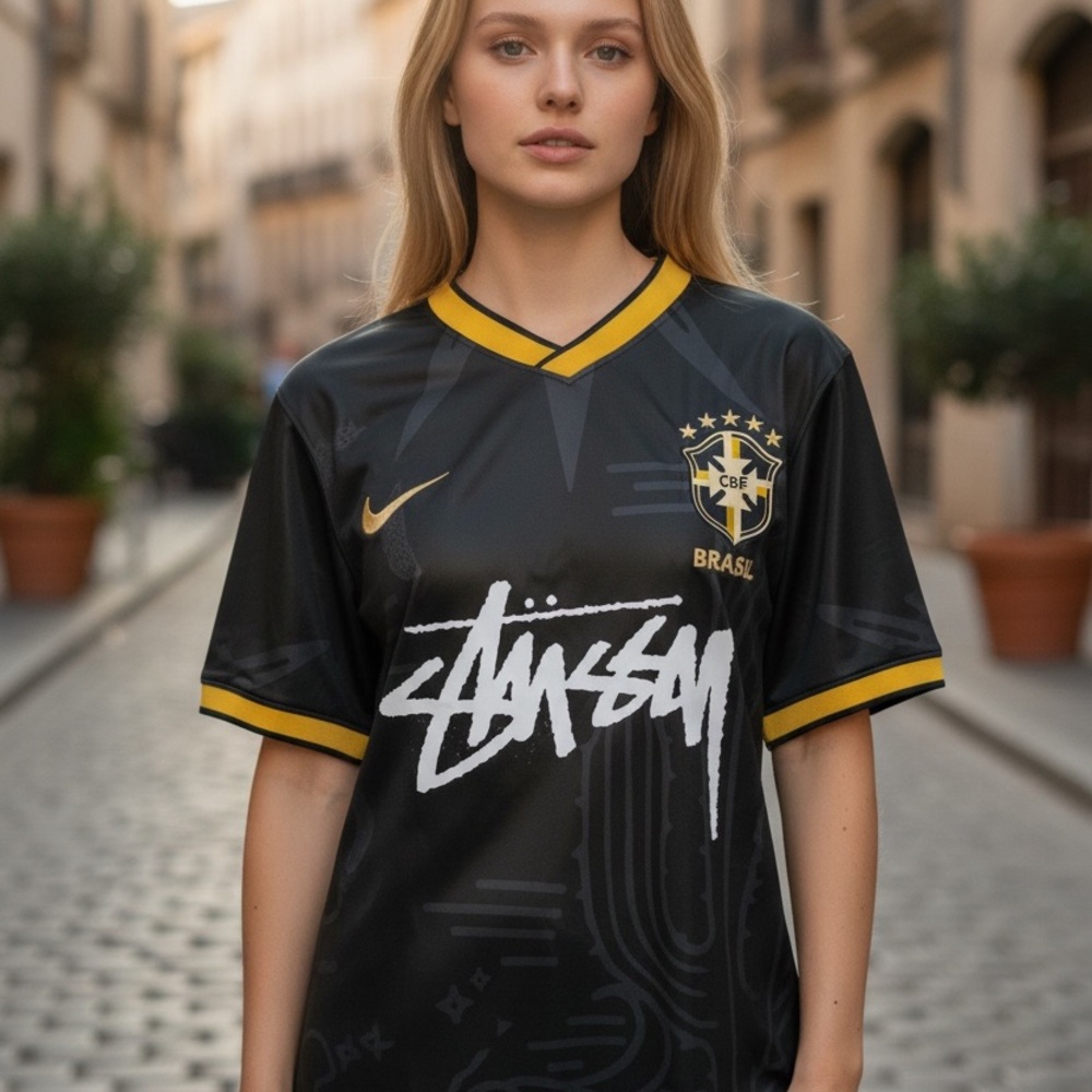 NWT Nike Black & Yellow Brazil Soccer Jersey Stussy Style Graphic Size M